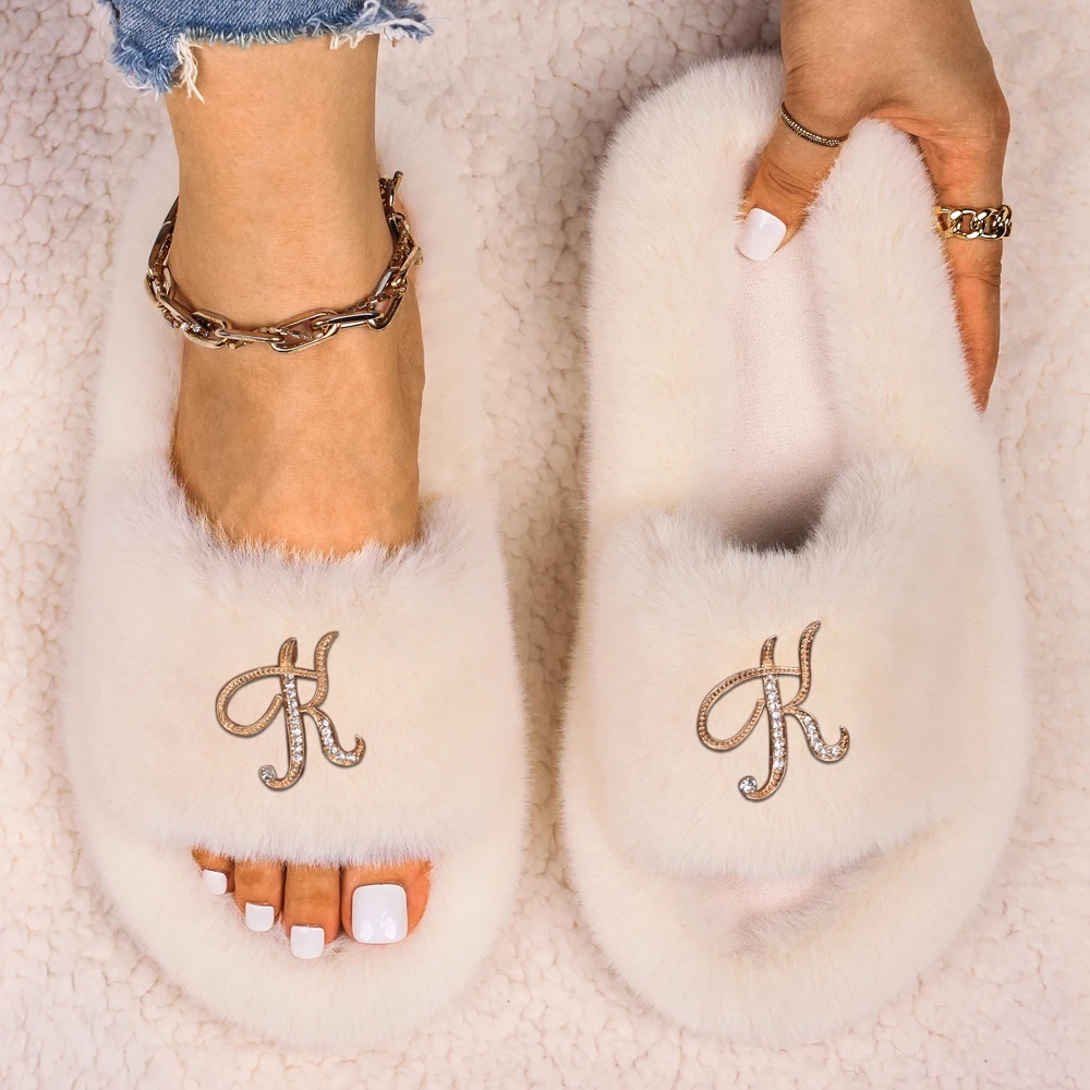 Slippers Women Furry Slides Fashion Rhinestone Letter Fluffy Flip Flops Ladies Winter Slippers Platform Sandals Female Shoes