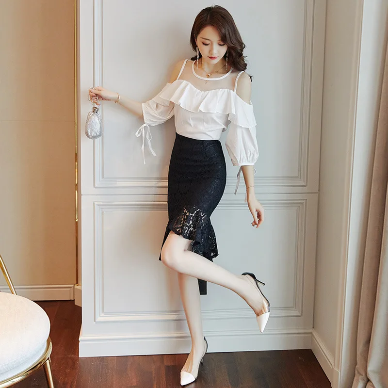 

Feminine Dress 2019 Summer New Style Mid-length Elegant Slimming off-Shoulder Two-Piece Skirt 9413