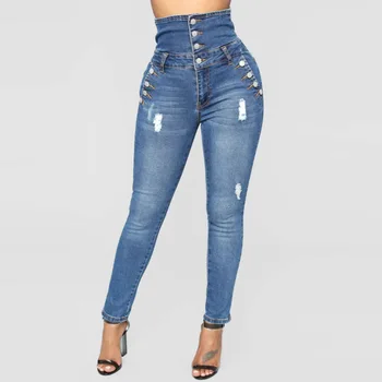 

High Waist Blue Women Denim Pants Spring African Fashion Pencil Pants Trousers 2020 Summer Plus Size Hole Jeans African Style