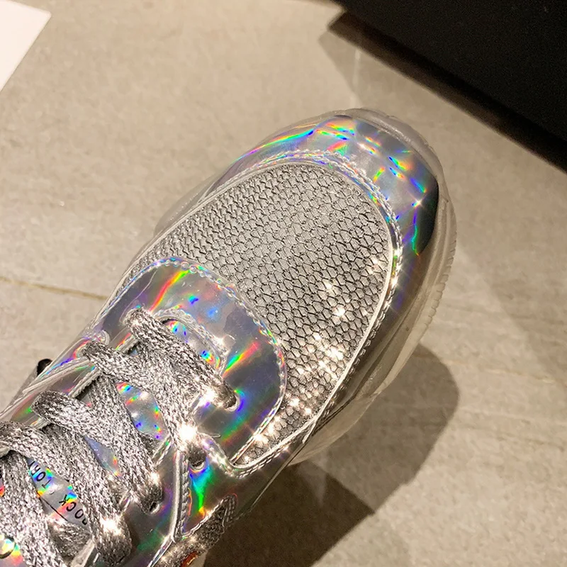 HEFLASHOR/осенние женские прозрачные кроссовки Harajuku; женская прозрачная обувь на платформе; Лазерная повседневная обувь; блестящая обувь для бега