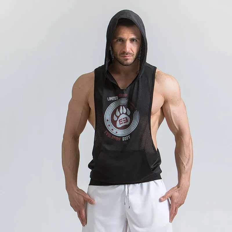 

Muscle Fitness Brother New Style Summer Men's Mesh Vest Sports Quick-Dry Sleeveless Hooded Tank Top
