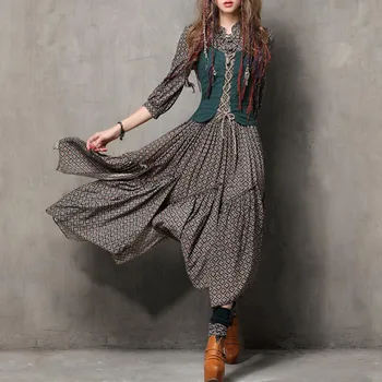 

Retro Dress 2020 Autumn New Women's Casual Long Sleeve Mid Waist Stand Neck Office Dress Female Elegant Casual Travel Dresse