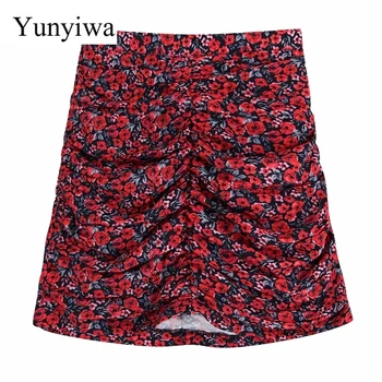 

2020 Women High Street Red Floral Print Pleated Casual Slim Mini Skirt Faldas Mujer Ladies Side Zipper Chic Brand Skirts