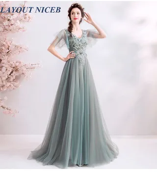 

Lace Flowers Beads V Neck Backless Evening Dresses Tulle Short Sleeve Gray Women Formal Party Dress Sweep Train Prom Dress