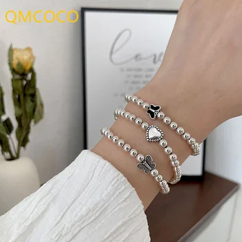 QMCOCO 실버 컬러 간단한 나비 문자열 비즈 팔찌 액세서리 유행 달콤한 사랑 하트 모양의 소녀 파티 쥬얼리