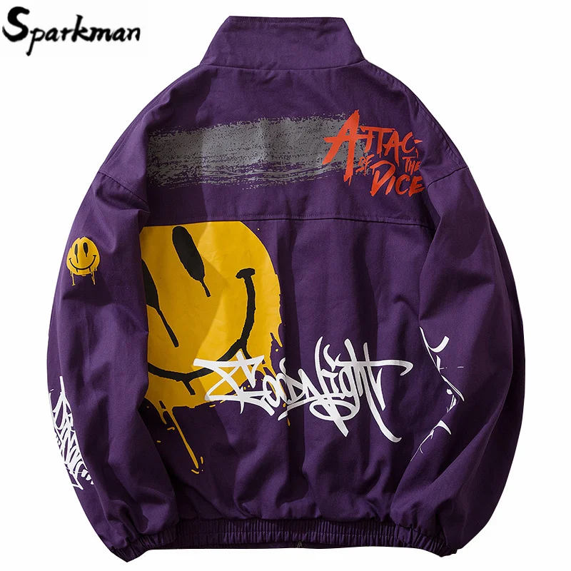 

Spring 2020 Men Jacket Windbreaker Smiling Face Graffiti Hip Hop Track Jacket Streetwear Zipper Jacket Coat Purple Hipster