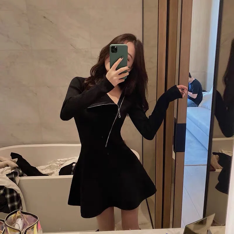 

Women's one-piece dress Korean Slim Solid Long Sleeve Paragraph Render Irregular Oblique Collar Waist Little Dresses Black 1501