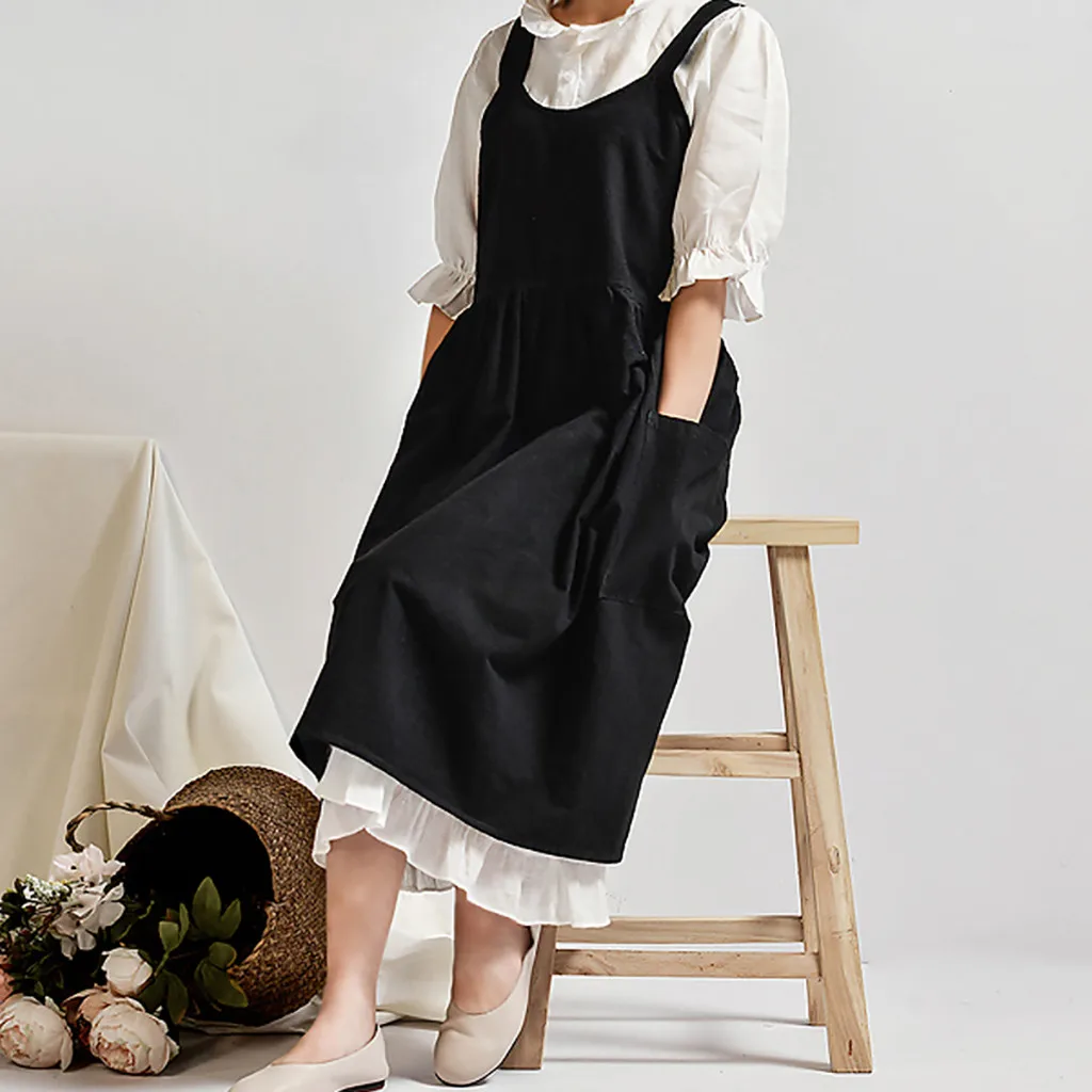 Women Cross Back Apron Japanese Housework Baking Wrap Cotton Linen Florist Dress Literary Art Cotton And Linen Advertising Apron