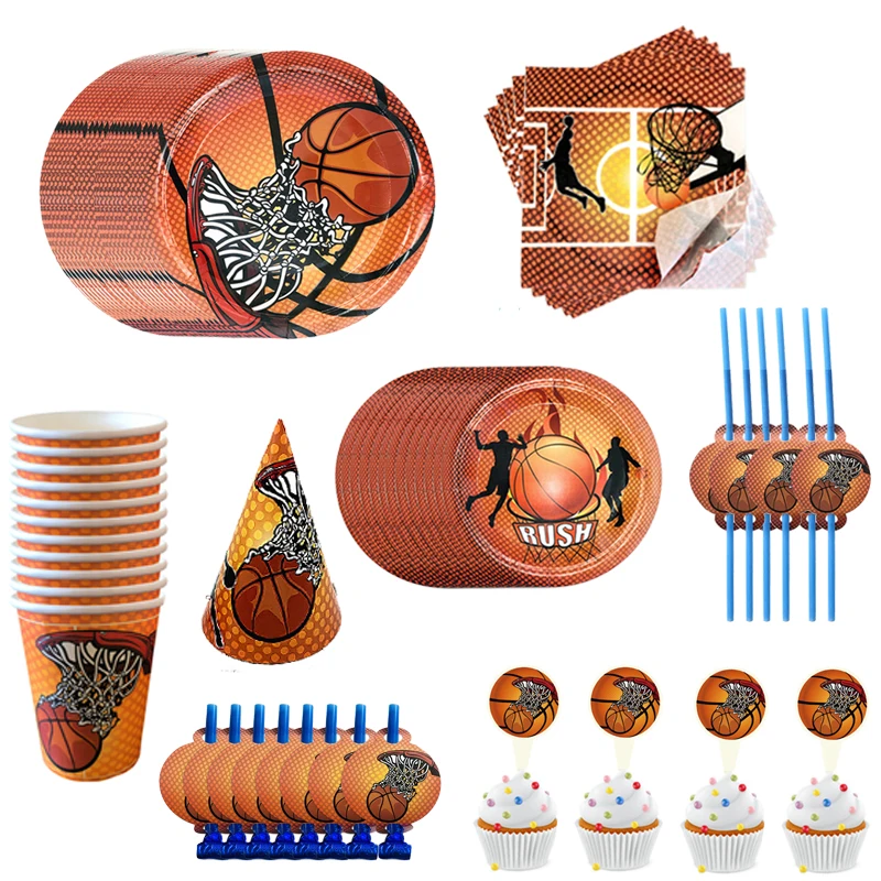 Juego de tema de baloncesto escolar, Plato decorativo de fiesta, taza, servilleta, banderín de paja, vajilla para fiesta de cumpleaños para niños