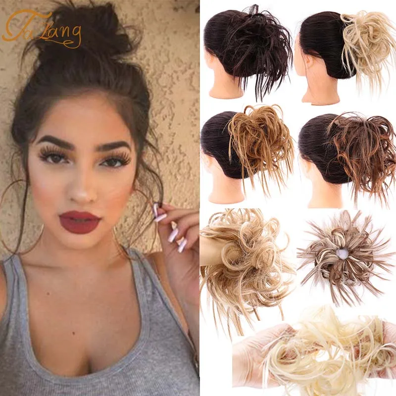 

TALANG Messy Curly Chignon Bun Wrap On Elastic Rubber Band Ponytail High Temperature Fiber Synthetic Scrunchie Updo Hairpieces