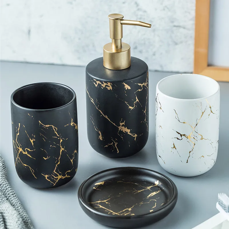 Nordic marble pattern ceramic bathroom accessories set porcelain lotion toothbrush cup soap dish holder set bathroom supplies