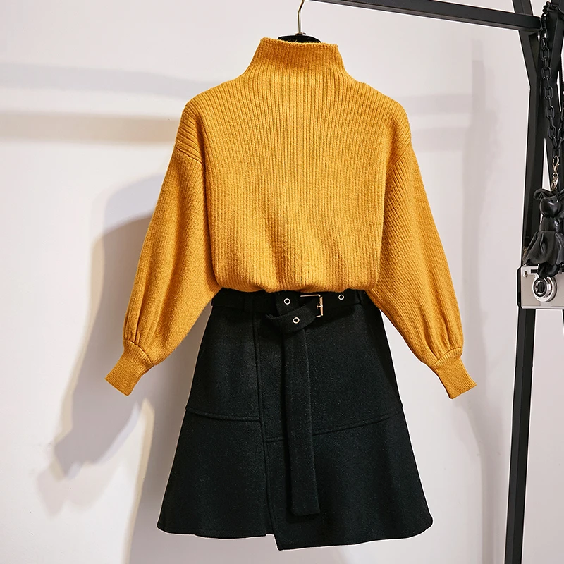 New Winter Pullover Sweater& Woolen Cloth Lantern Sleeve Knitted Top Irregular Skirt Suit With Belt Outfit Casaul Clothes