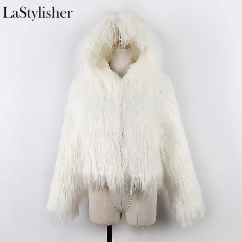 Пушистое теплое Женское пальто с капюшоном, куртки из искусственного меха, зимнее модное короткое меховое пальто, Брендовые женские пальто больших размеров на осень и зиму - Цвет: Белый
