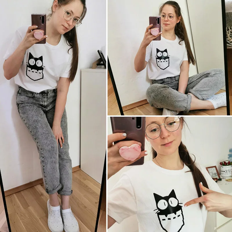 Забавная черная футболка с карманом и принтом кошки Женская свободная коротким