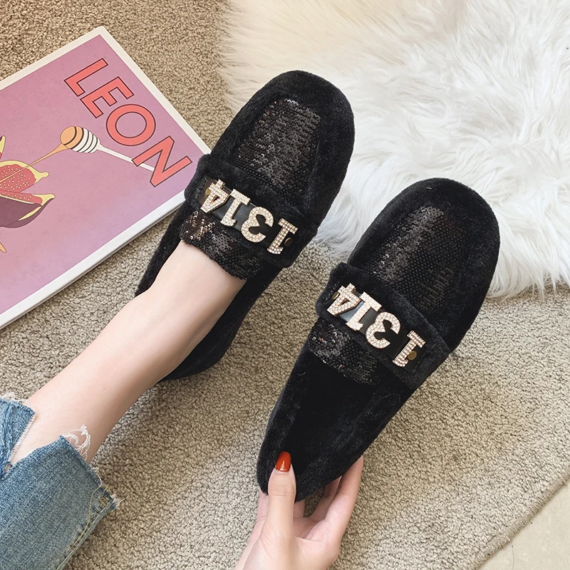 

2019 Autumn Winter Shoes casual flock Woman flat Anti-slip slip -on bling sequin Rhinestone short plush soft single shoes