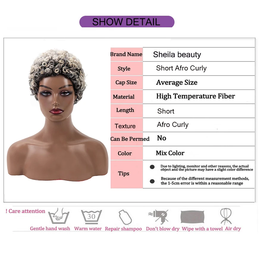 Parrucca sintetica corta Afro ricci Ombre parrucche grigie per donna parrucca riccia crespa bianca mista grigia parrucca Cosplay dall'aspetto naturale Pixie Cut - immagine 5