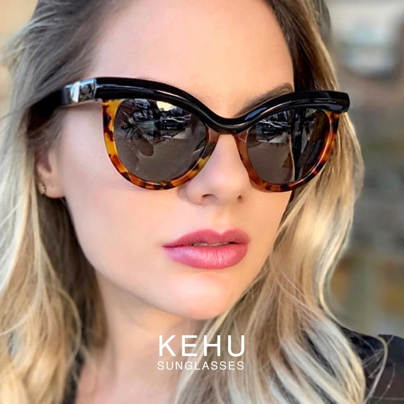 KEHU Модные солнцезащитные очки с кошачьим глазом женские шикарные двойные