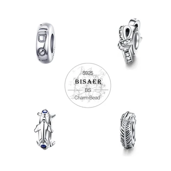 

BISAER 100% 925 Sterling Silver 4 Styles Clip Stopper Spacer Beads Charms Love Plane Knot Feather DIY Fine Accessories GXC1215
