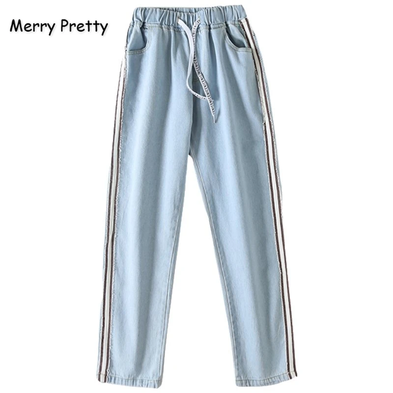 Merry Pretty, женские джинсы, штаны в полоску, лоскутные, джинсовые штаны, Осень-зима, эластичный пояс, прямые карманы, джинсовые штаны