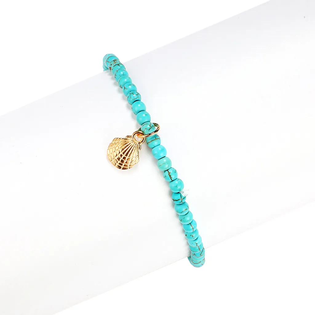 Vintage Beach Wind Blue Rice Beads Shell Alloy Pendant Anklet Bracelet Barefoot Sandals Bracelet Ankle On The Leg Female Ankle