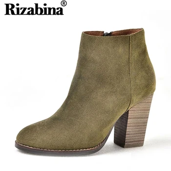 

RIZABINA Autumn Winter Real Leather Ankle Boots For Women Zipper Square Heels Shoes Daily Club Women Footwear Size 34-39