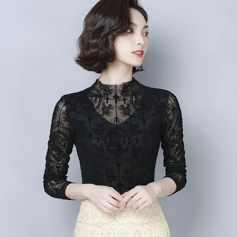 

2020 Long Sleeve Print Lace Blouse Women Autumn Hollow Half-High Collar Base Shirt See Through Top Simple Versatile Sexy Shirt