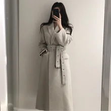 Одноцветное шерстяное пальто с поясом, Женское пальто с зубчатым воротником, теплое длинное зимнее пальто, женское твидовое пальто St362