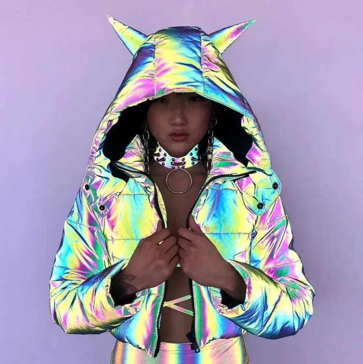 

reflective hooded parkas autumn winter warm cropped coat jacket hoodies baggy casual streetwear windbreak tops
