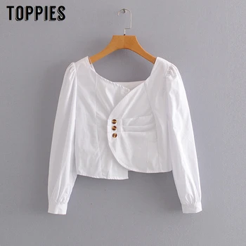 

2020 White Asymetical Short Shirts Ruched Long Sleeve Button Tops and Blouses Women Solid Color Summer Tops