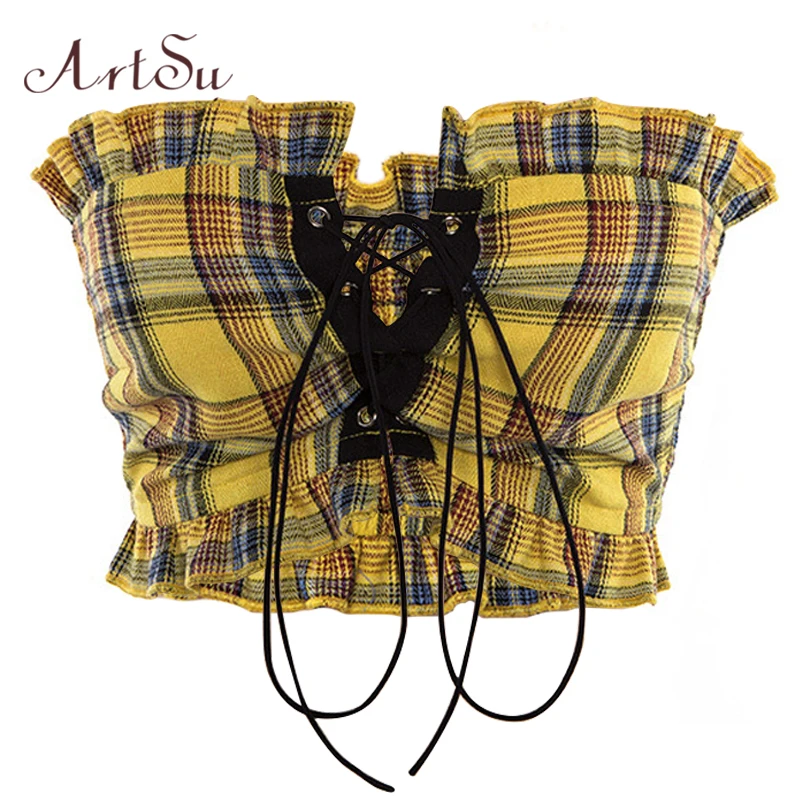 ArtSu Lace Up женский топ на бретелях сексуальный плед с рюшами фитнес желтый укороченный с открытыми плечами открытая спина винтажные Короткие топы ASVE20275