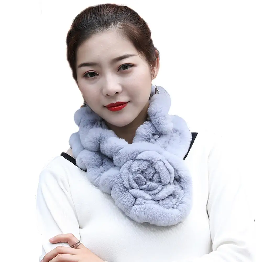 Winter Fur Scarf For Women Real Rex Rabbit Fur Neckerchief Ruffled Handmade Fluffy Soft - Цвет: Blue Grey