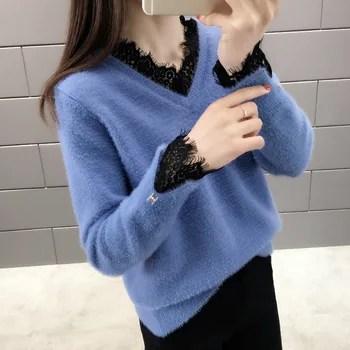 

Water velvet V-neck sweater female 2019 new lace elegant bottoming shirt chicken heart collar is very fairy western style tide