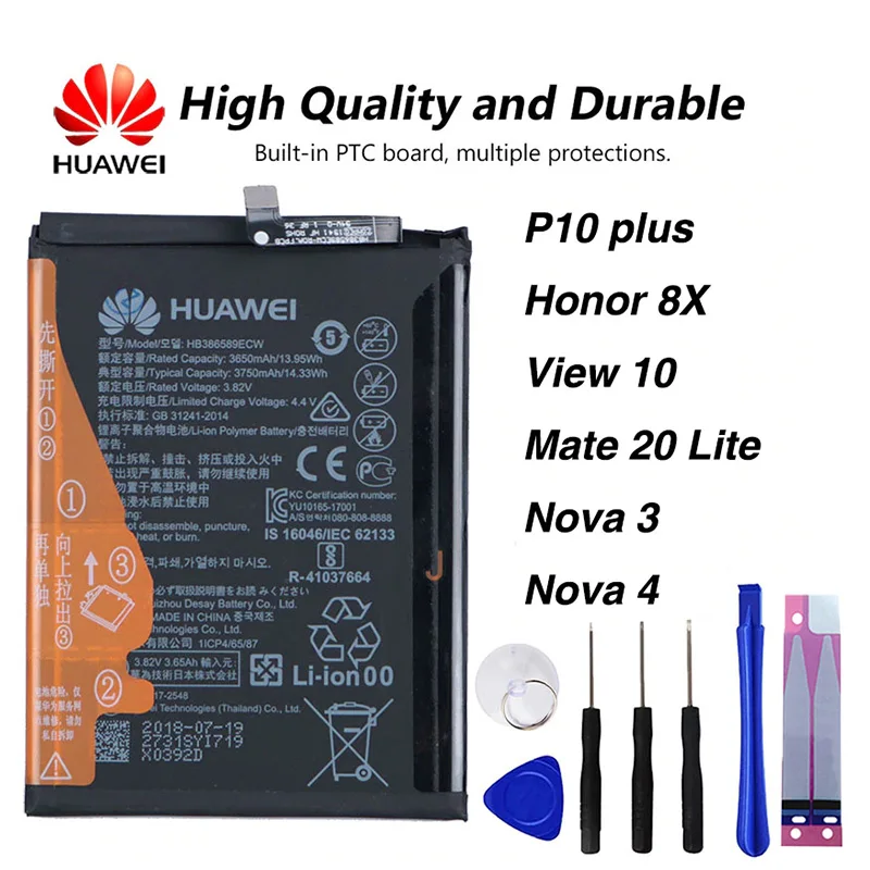 

Original Huawei HB386589ECW P10 PLUS phone battery For Huawei P10 plus Honor 8X View 10 V10 Mate 20 Lite Nova 3 Nova4 3650mAh