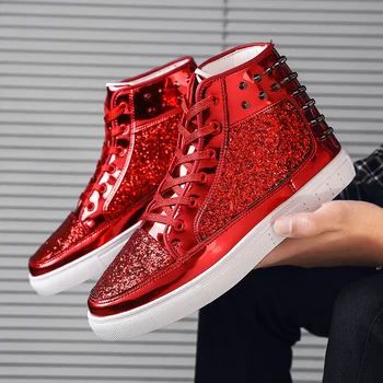 

Ifrich Brand Men Shoes Red Silver Designer Youth Studded Nightclub Shoes High Top Walking Shoes For Men Fashion Flats Shoes Men