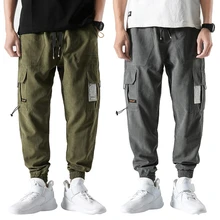 Мужские брюки-карго с карманами, длина по щиколотку, повседневная мужская уличная одежда, модные шаровары, мужские черные штаны для бега, свободные комбинезоны размера плюс
