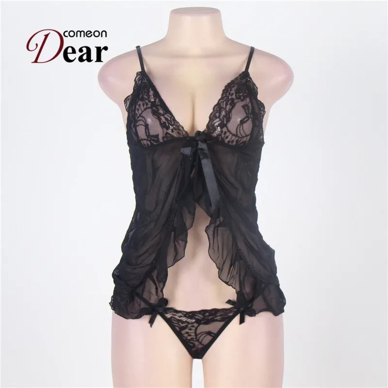 Comeondear Черная кружевная сеточка платье с оборками Babydoll женское сексуальное прозрачное женское белье Babydolls Сексуальная эротическая v-образная Пижама RA7502