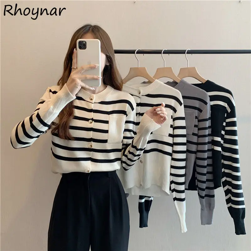 

Cardigan Women Autumn New Arrival Retro Striped Panelled Sweater All-match Knitwear Casual Basic O-neck Cropped Slim Harajuku