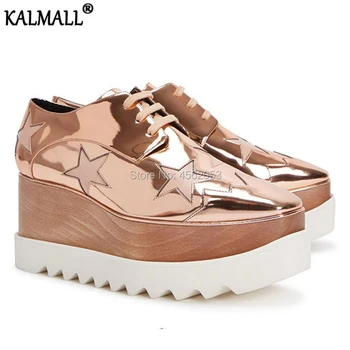 

KALMALL Spring Summer Lace Up Square Toe Star High Platform Shoes Women Height Increasing Waterproof Wedges Leather Shoes Casual