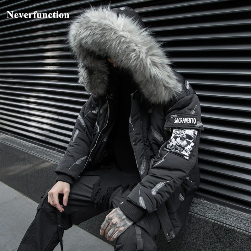 

Winter Men black fur collar Embroidery feather Padded Parka bomber jacket fashion Streetwear Oversized Thick warm Hooded Outwear