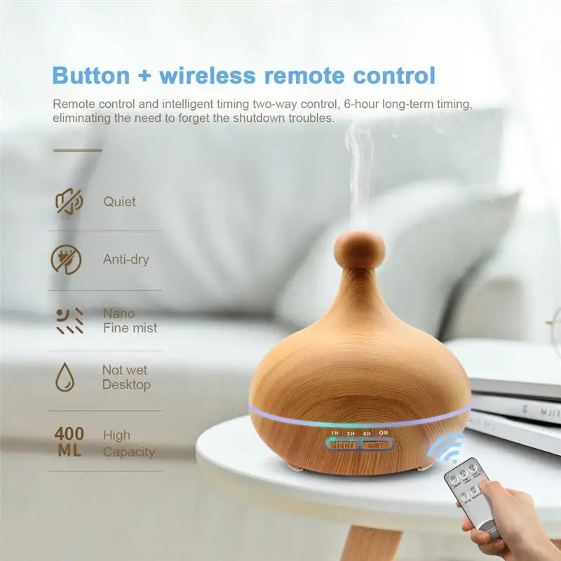 400ML Remote Control Ultrasonic Air Aroma Humidifier with 7 Color LED Lights Electric Aromatherapy Essential Oil Aroma Diffuse