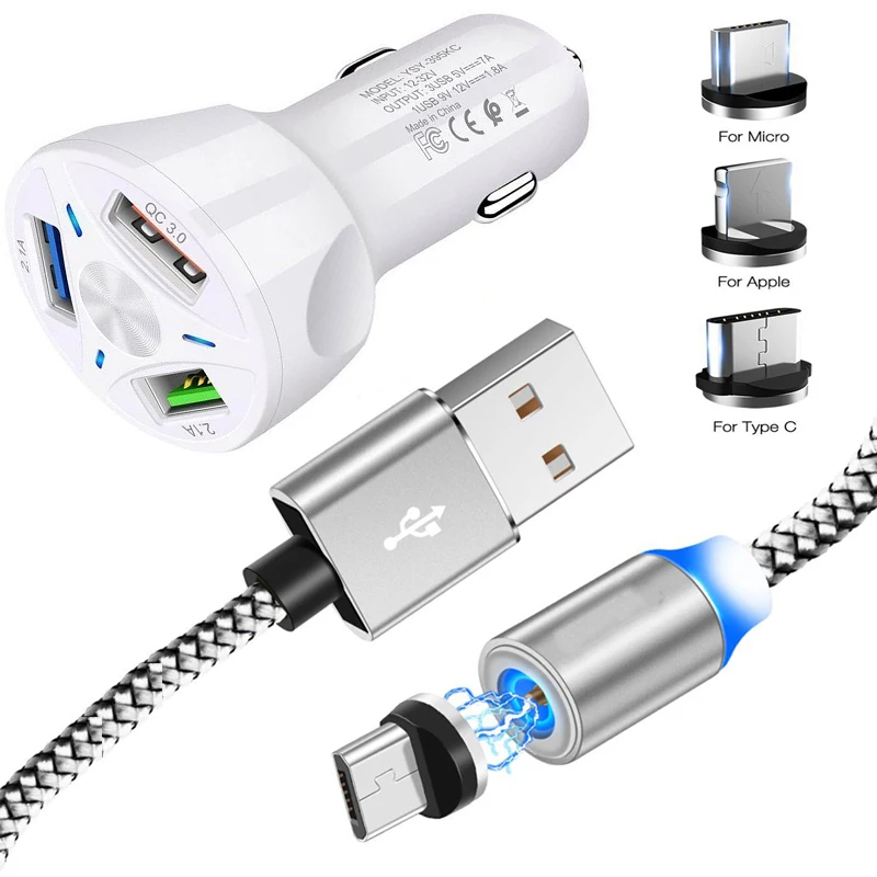 Магнитный Автомобильный Кабель Micro USB Type C QC 3 0 для быстрой зарядки iPhone 11 Pro XS Huawei P30
