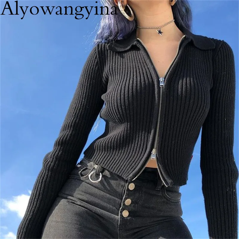 Alyowangyina, воротник, новинка, Женский Осенний ребристый свитер на молнии, пупка, короткий топ, кардиган, длинный рукав, отложной F562