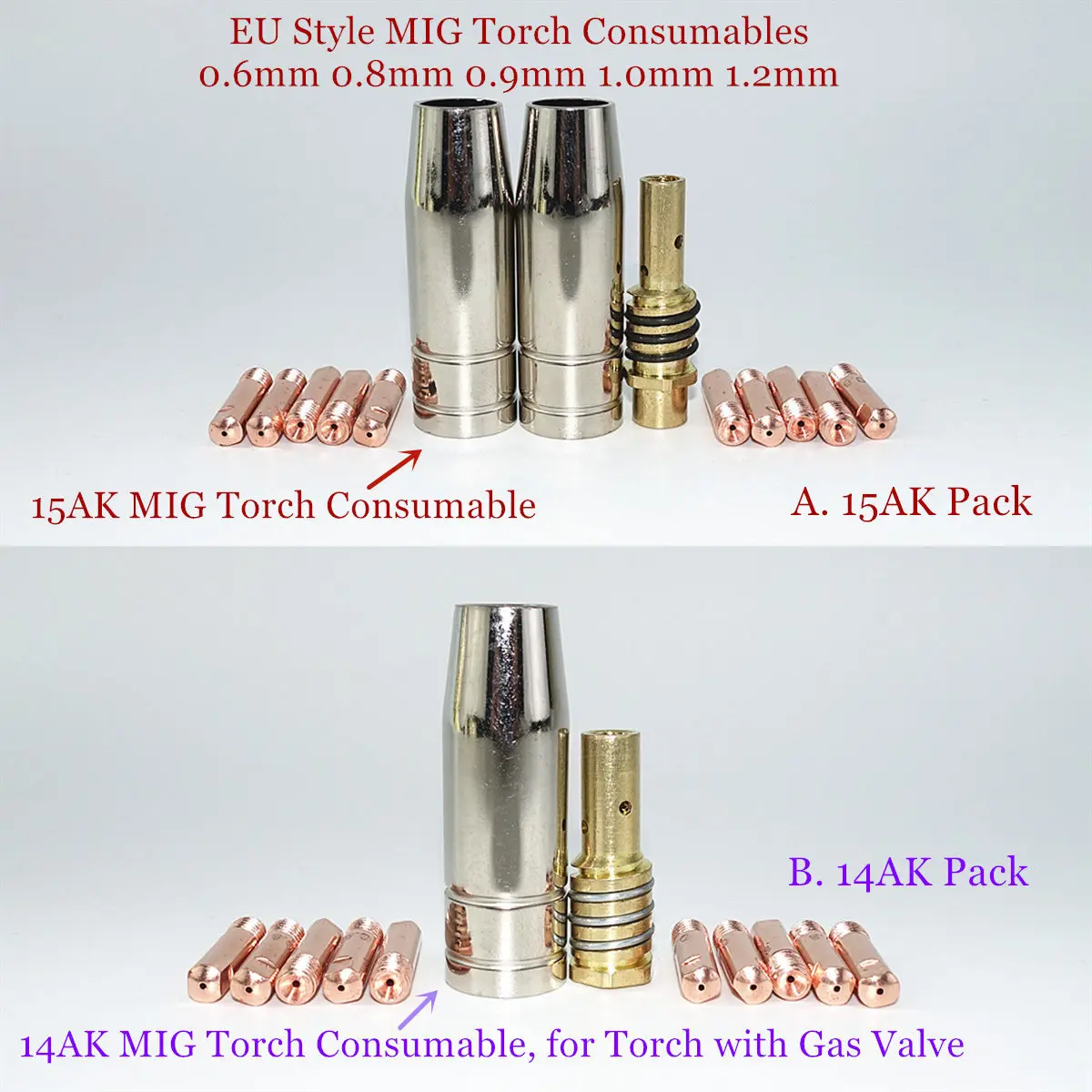 

MIG Torch Consumables 0.6mm 0.8mm 0.9mm 1.0mm 1.2mm Welding Tips Gas Nozzles Diffuser for EU Style 14AK 15AK Welding Torch