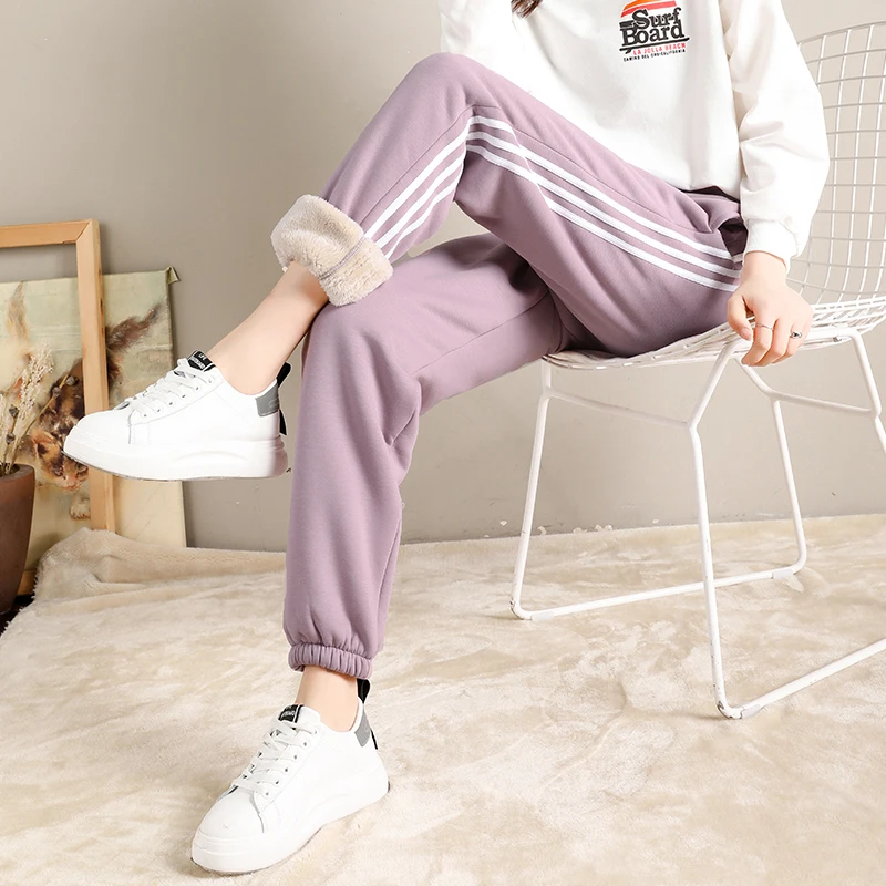 striped purple JORSEA, женские джоггеры, зимние теплые штаны, флисовые повседневные меховые брюки, бархатные, большие размеры, женские штаны-шаровары, свободные, мягкие, утепленные джоггеры - Цвет: striped purple