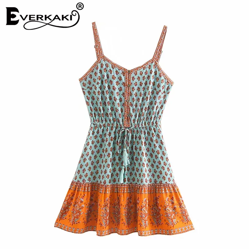 Green Everkaki короткое платье; Для женщин Цветочный принт с кисточками, в стиле бохо пояса для молодых девушек, летние платья Винтаж женские модные легкие туфли Мини-платья женский - Цвет: Green