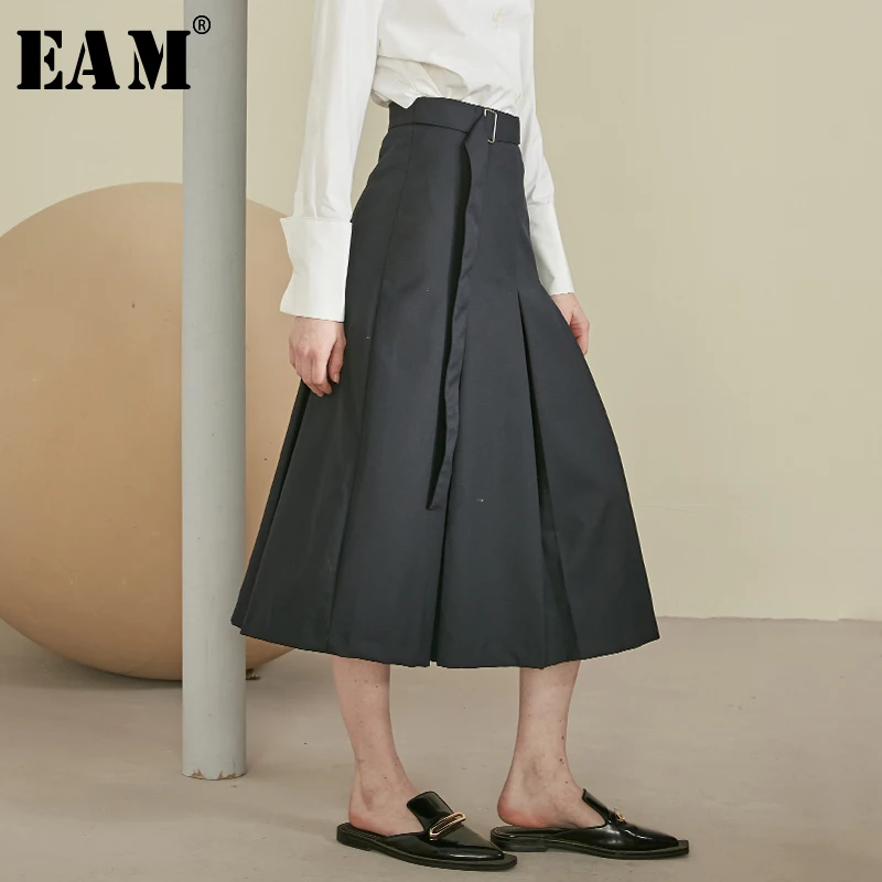 [Eam] Hoge Taille Waistbelt Causale Geplooide Half-Body Rok Zwarte Vrouwen Mode Tij Alle-Match Nieuwe lente Herfst 2020 1A064
