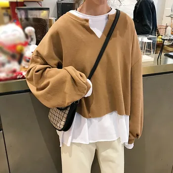 

Women Sweatshirt Fake Two-piece Stitching Sweateshirt Loose Sweatshirt Pullover Long Sleeve Casual Solid Color Tops