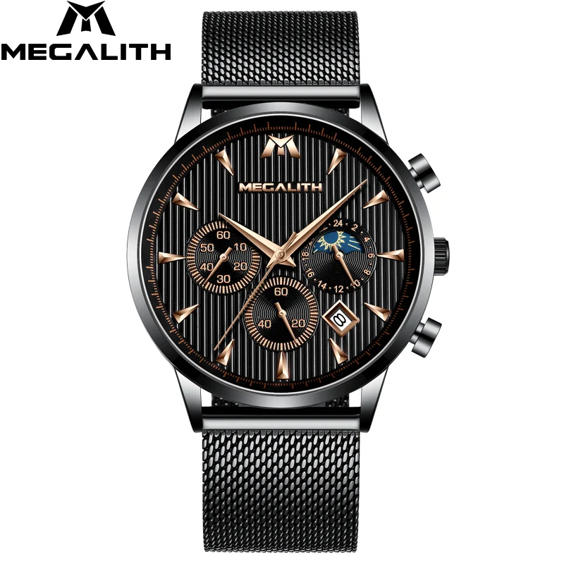 MEGALITH часы мужские военные спортивные хронографы аналоговые часы мужские s водонепроницаемый стальной сетчатый ремешок кварцевые мужские часы Relogio Masculino - Цвет: mesh black 8026