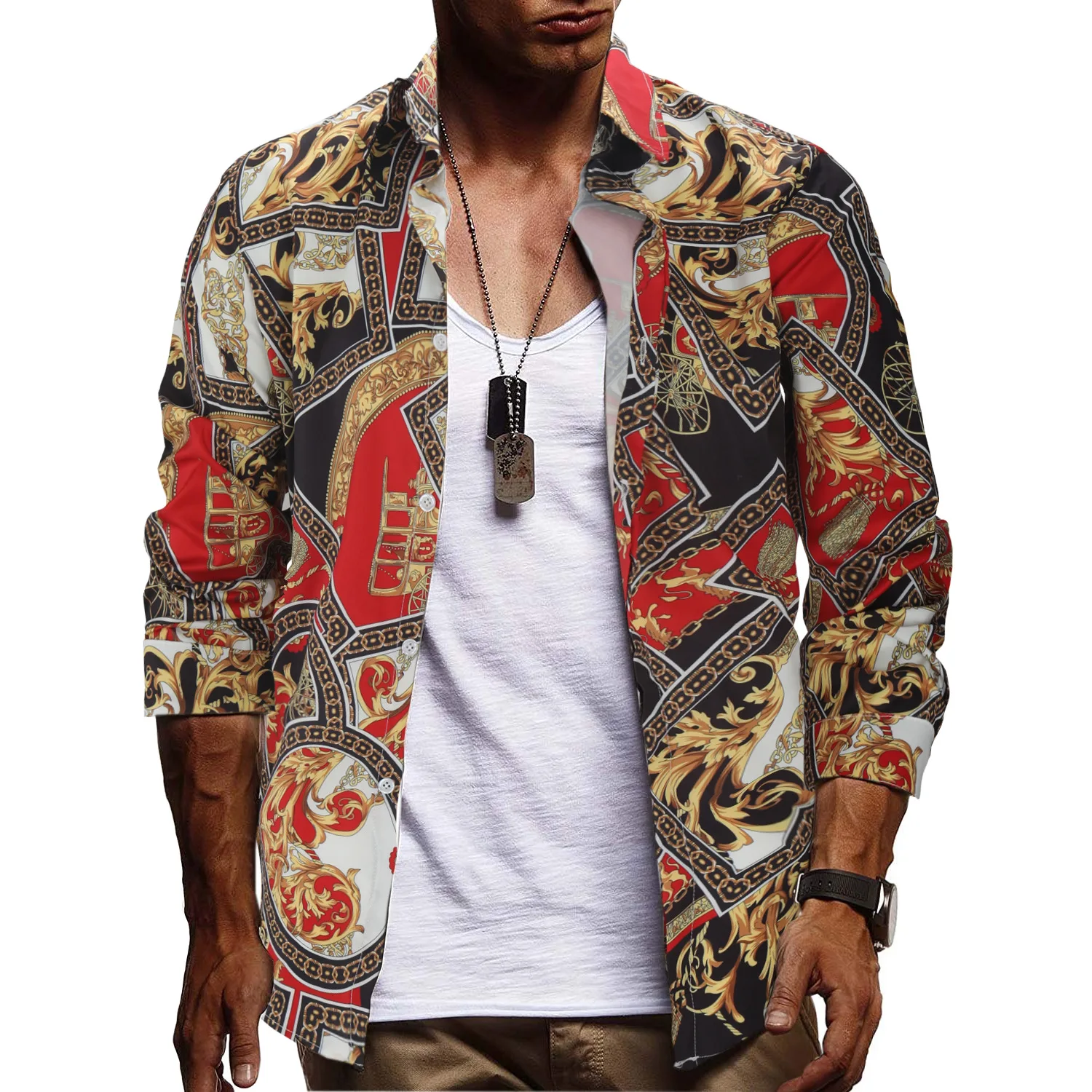 

2019 Spring and Autumn New Men's Court Wind Digital Printing Large Size Long Sleeve Thin Shirt Casual Male Flower Shirt