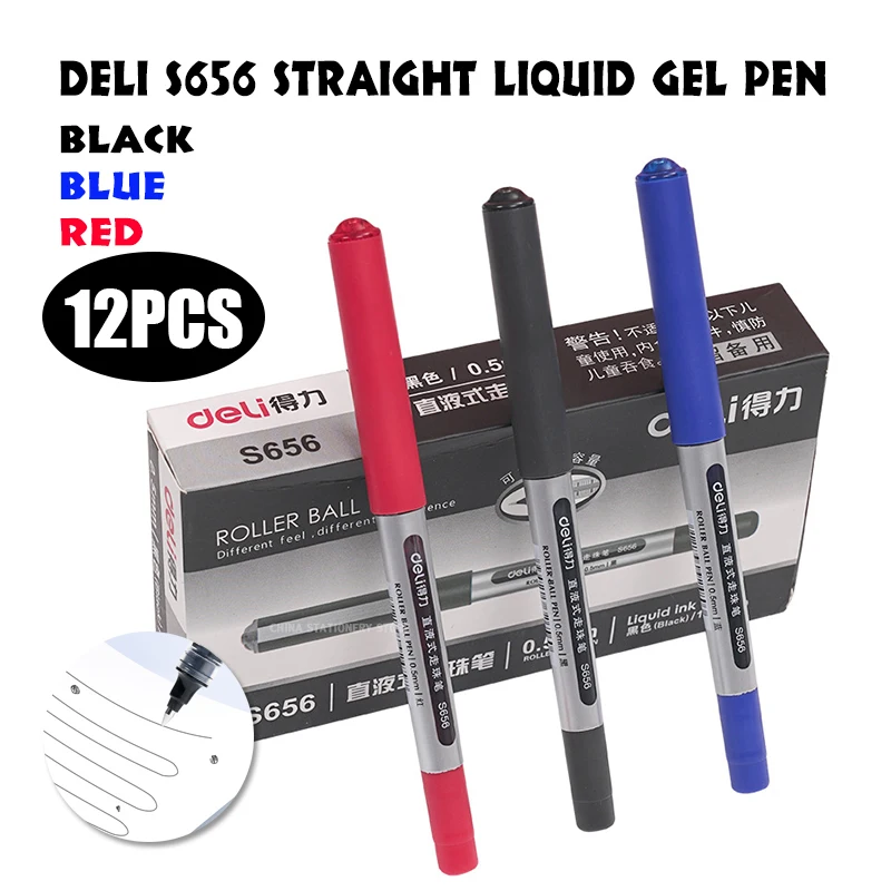 

1box/12p Deli S656 Straight Liquid Gel Pen Water-based Signature Pen 0.5mm Student Test Pen Office and School Pen Plastic Normal
